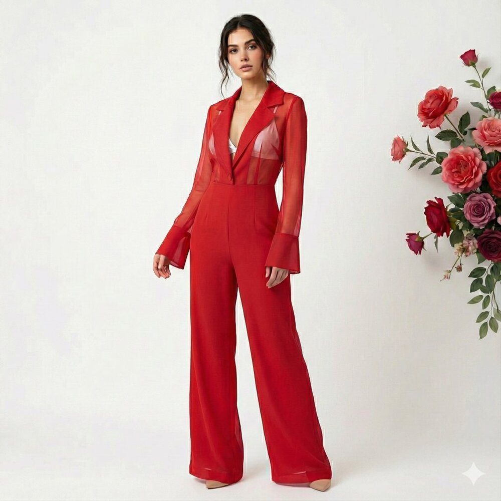 Hanifa Red Sheer Chiffon Wide Leg Jumpsuit